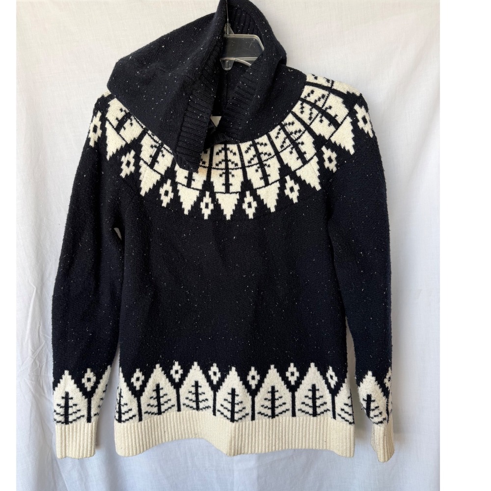 LOFT Fair Isle Hooded Sweater Navy Cream Tree Pattern Knit Womens XS